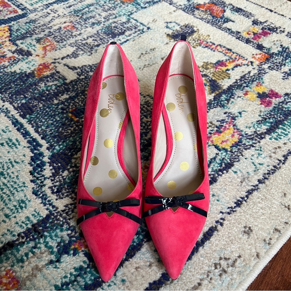 Boden Pink Suede Eleanor Pointed Toe Kitten Heels with Black Bow size 39 - Picture 7 of 9